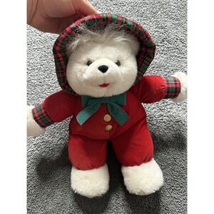 Vtg. 🦄Kmart Co.‎ / White Christmas Bear Red Velvet Jumper Suit '1993 12" Plush!